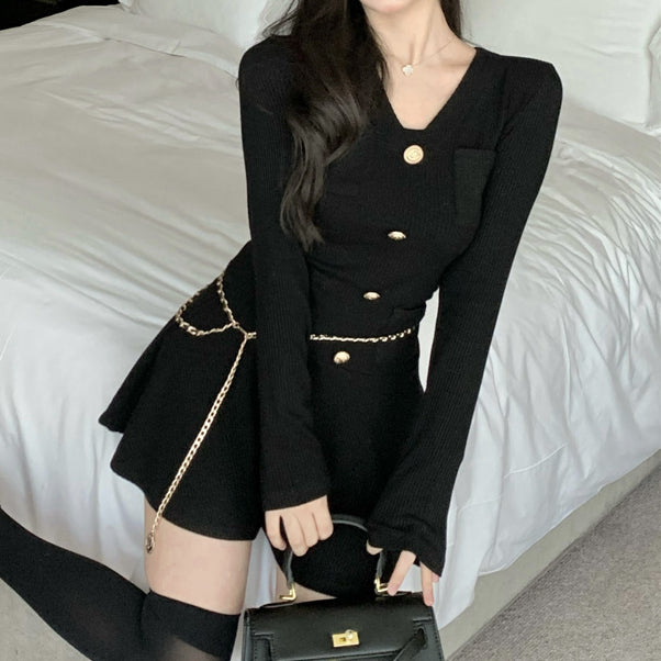 V-neck solid single-breasted bodycon knit dress