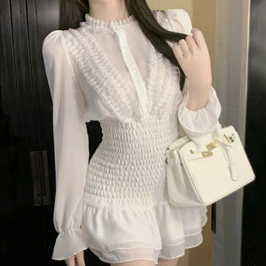 Chiffon Long Sleeve White Short Dress