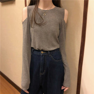 Off-The-Shoulder Long-Sleeved Round Neck T-Shirt Top