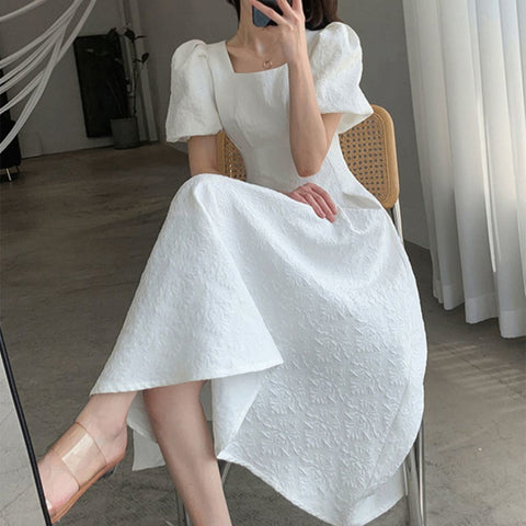 Double Layer Lined Puff Sleeve A-Line Dress