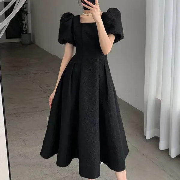 Double Layer Lined Puff Sleeve A-Line Dress