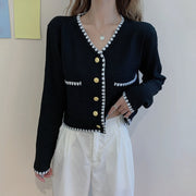 V-neck long-sleeved sweater solid color cardigan top