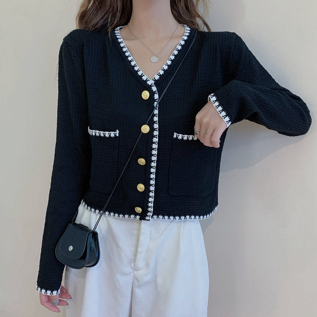 V-neck long-sleeved sweater solid color cardigan top