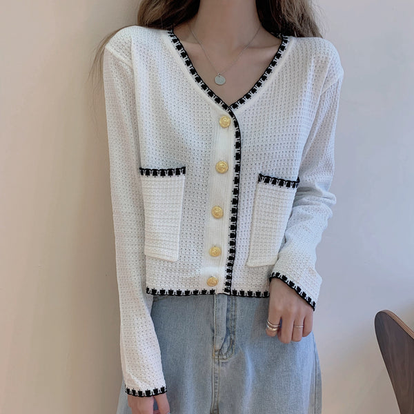 V-Neck Long-Sleeved Sweater Solid Color Cardigan Top