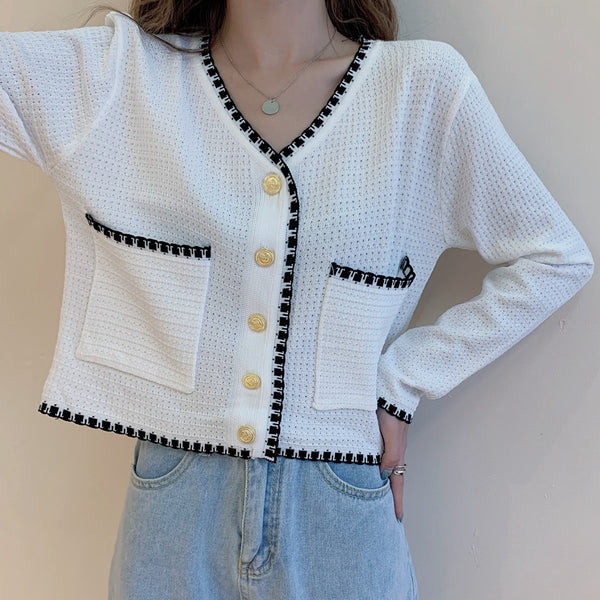 V-Neck Long-Sleeved Sweater Solid Color Cardigan Top