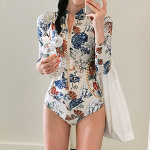 Swimwear Sunscreen Zipper Floral Triangle One-Piece Swimsuit