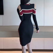 Colorblock Off-The-Shoulder Split Knit Winter Dress