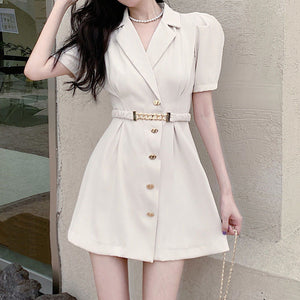 Puff-Sleeve Lace-Up Temperament Suit Dress