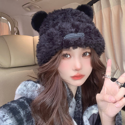 Warm Plush Cute Bear Ear Cap Knitted Hat