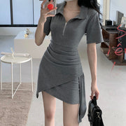 Irregular Polo Neck A-Line Hip Wrap Dress