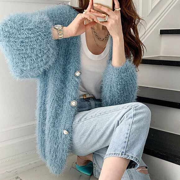 Single-Breasted Pearl-Button Cardigan Sweater Winter Coat