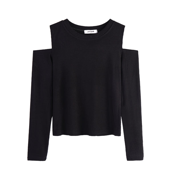 Off-The-Shoulder Long-Sleeved Round Neck T-Shirt Top