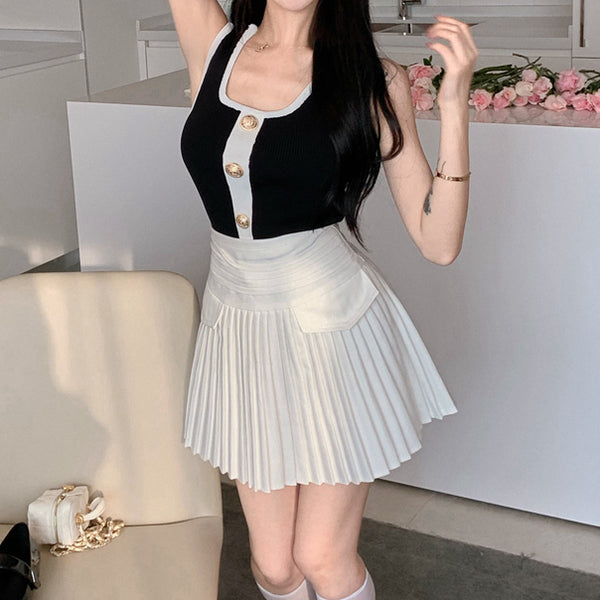Black White Camisole Pleated Skirt Suit