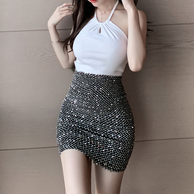 High waist slim fashion glitter elastic sparkly skirt