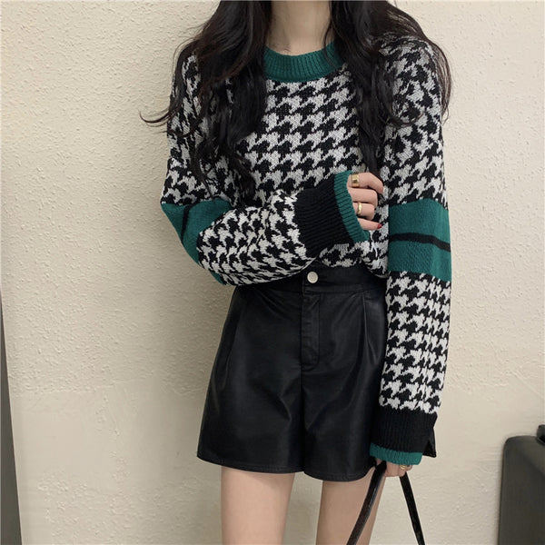 Round Neck Contrast Colorblock Pullover Long Sleeve Wool Knit Sweater