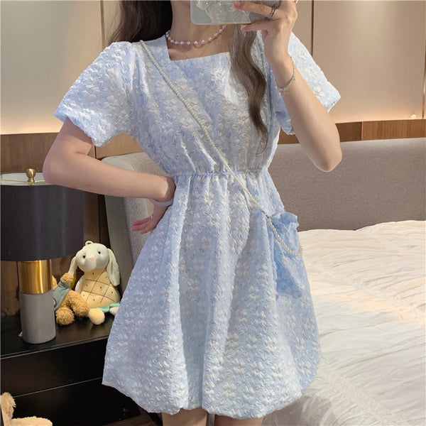 French Square Neck Puff Sleeve Waist Dress With Bag