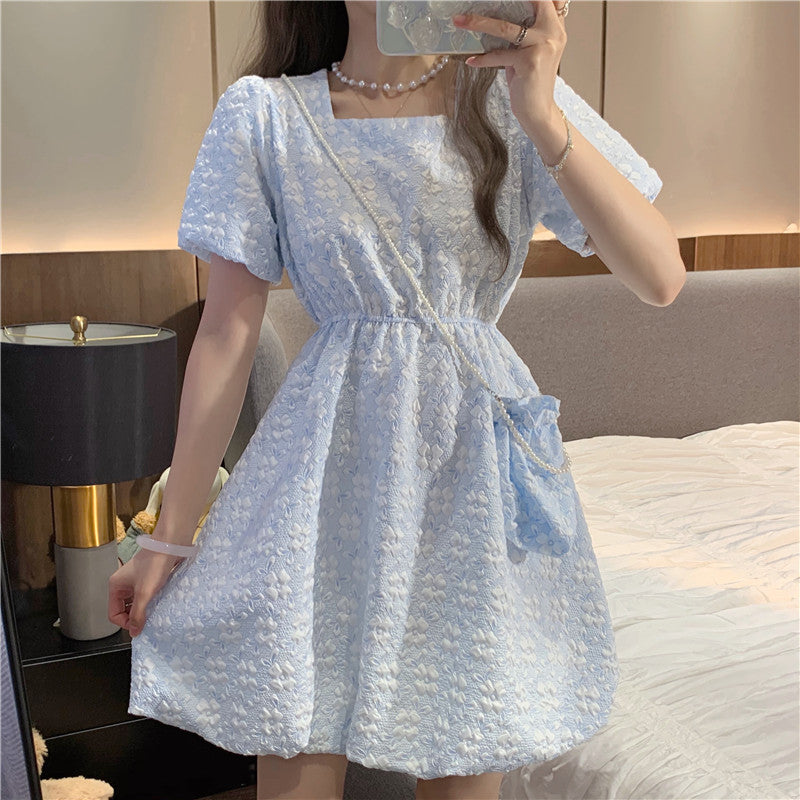 French Square Neck Puff Sleeve Waist Dress With Bag