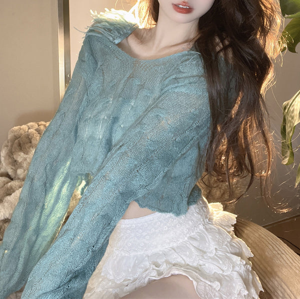V-Neck Off-The-Shoulder Mohair Knitted Long-Sleeve Top