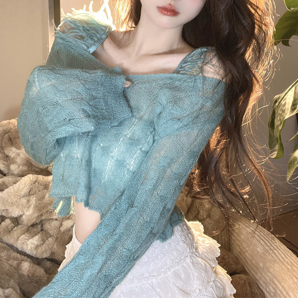 V-Neck Off-The-Shoulder Mohair Knitted Long-Sleeve Top