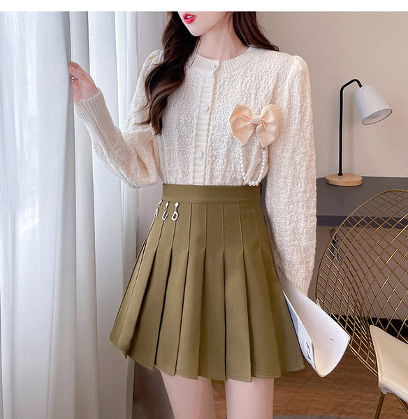 Sweet Bow Knit Cardigan Thick Pleated Skirt Suit