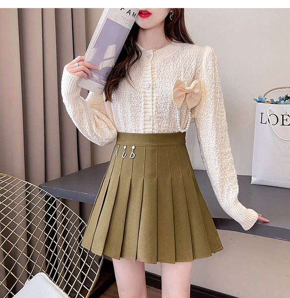 Sweet Bow Knit Cardigan Thick Pleated Skirt Suit
