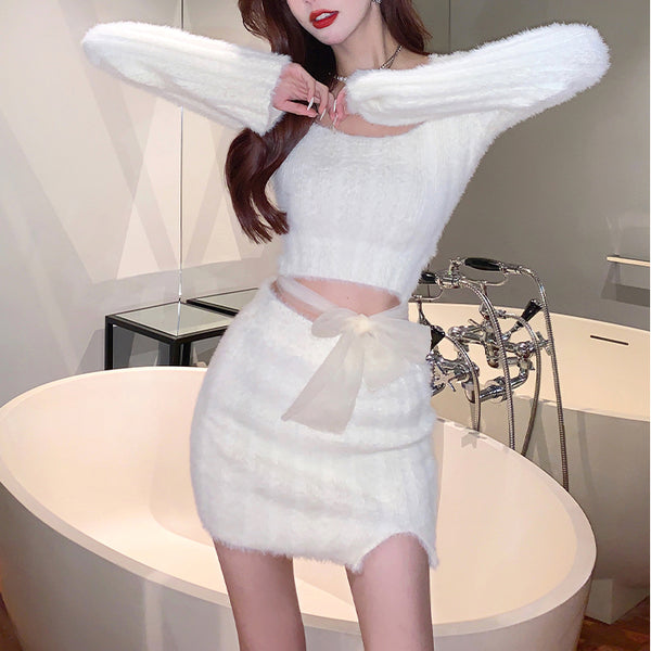Mink-Like Knitted Two-Piece Skirt Suit