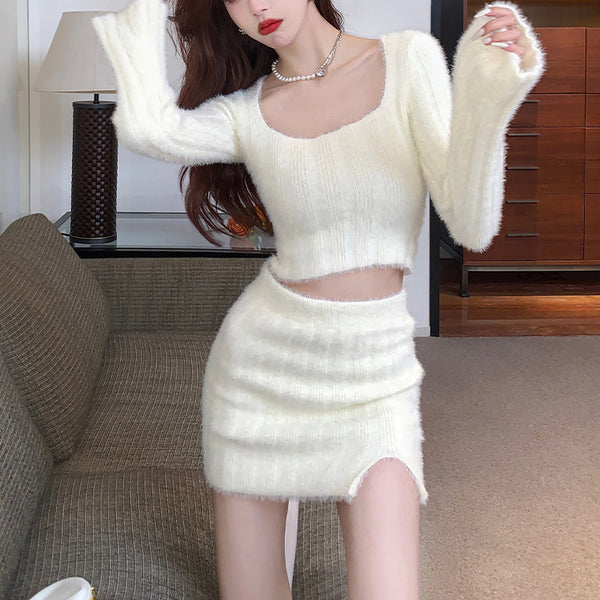 Mink-Like Knitted Two-Piece Skirt Suit