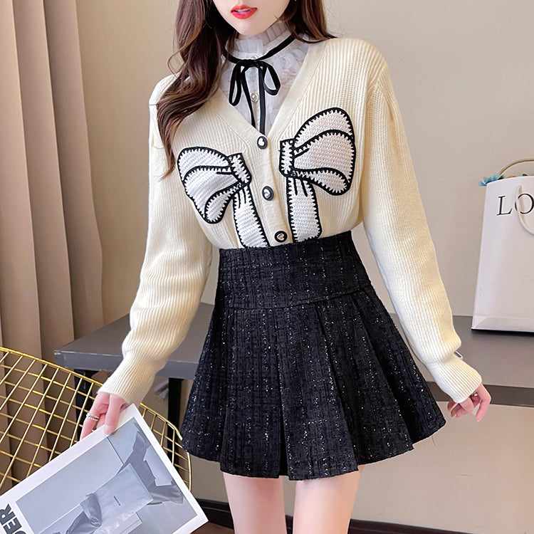 Bow Cardigan Sweater Pleated Tweed Skirt Suit