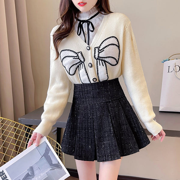 Bow Cardigan Sweater Pleated Tweed Skirt Suit