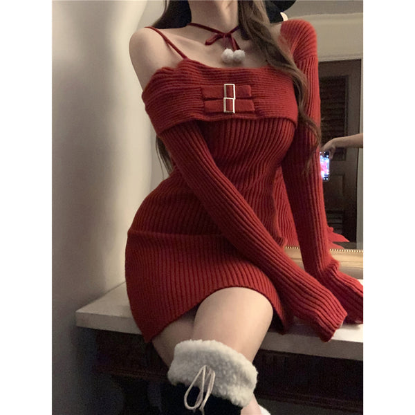 Suspender Paneled Sweater Dress