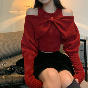 Sexy Off-Shoulder Two-Piece Bow Knot Sweater