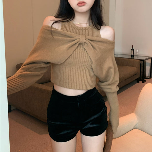 Sexy Off-Shoulder Two-Piece Bow Knot Sweater