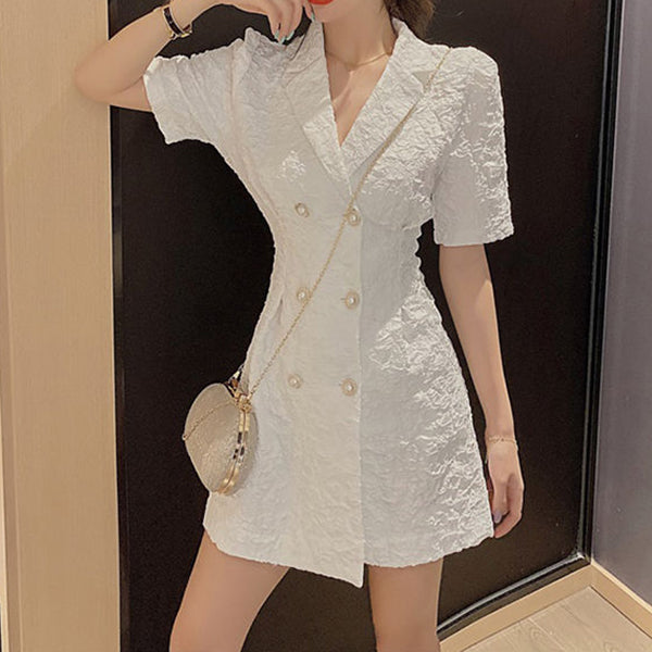 Double-Breasted Elegant Dress With Puff Sleeves And Slim Waist