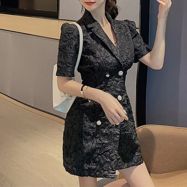 Double-Breasted Elegant Dress With Puff Sleeves And Slim Waist