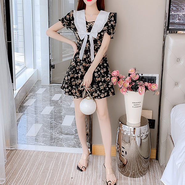 Summer Doll Neck Lolita Black Floral Dress