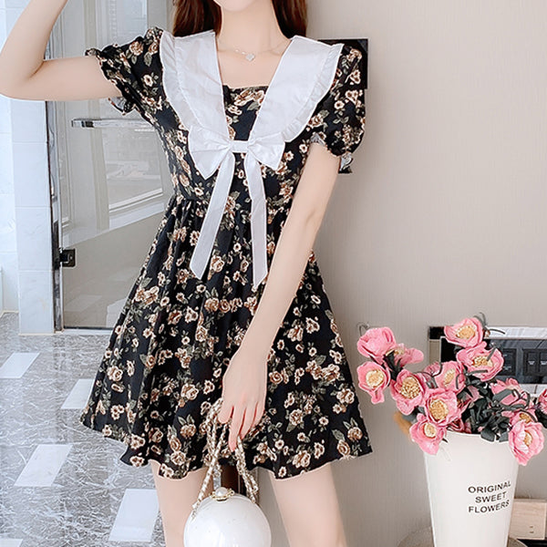 Summer Doll Neck Lolita Black Floral Dress