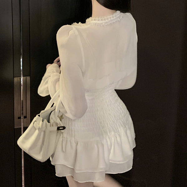 Chiffon Long Sleeve White Short Dress