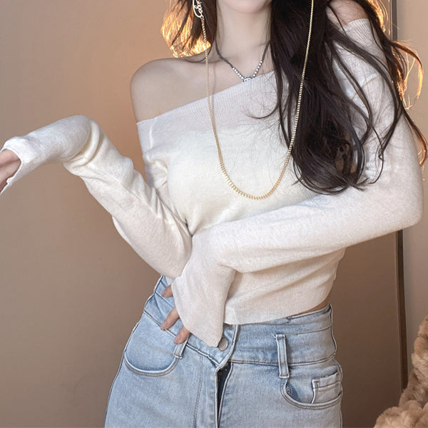 Wool Knit Off-The-Shoulder Long-Sleeve Sweater