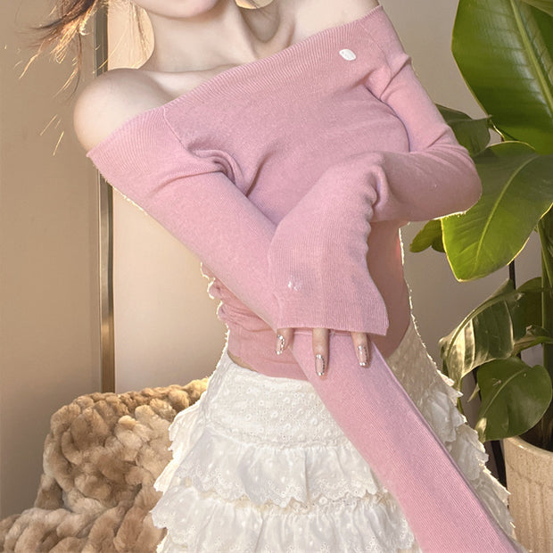 Wool Knit Off-The-Shoulder Long-Sleeve Sweater