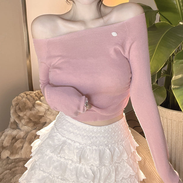 Wool Knit Off-The-Shoulder Long-Sleeve Sweater