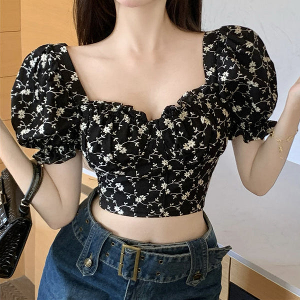 Puff Sleeve Shirt Floral Square Neck Top