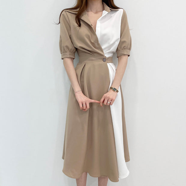 Lapel stitching one-button short-sleeved dress