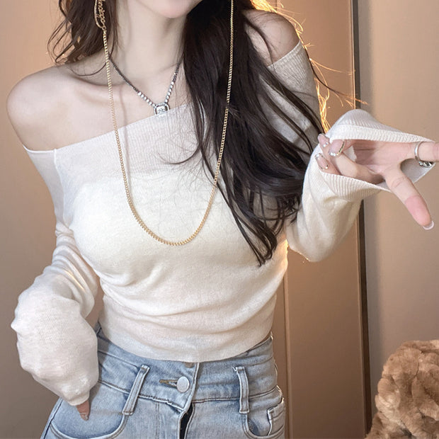 Wool Knit Off-The-Shoulder Long-Sleeve Sweater