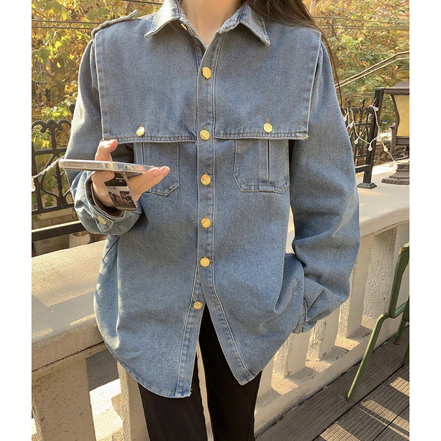 Vintage Single-Breasted Shawl Collar Paneled Denim Shirt