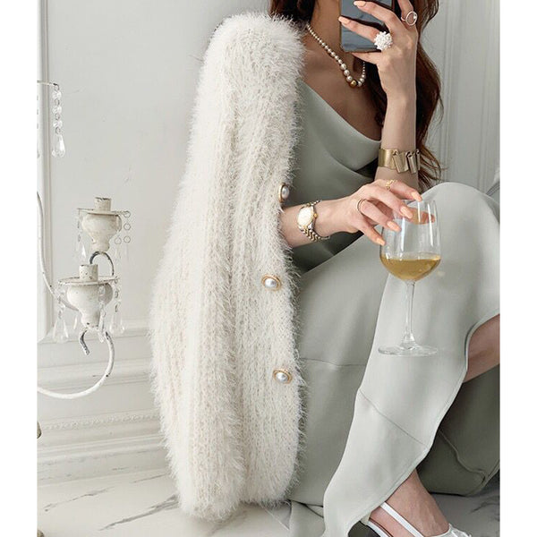 Single-Breasted Pearl-Button Cardigan Sweater Winter Coat
