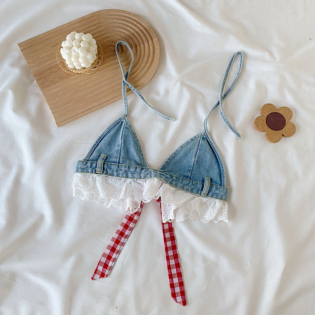 Lace-trimmed denim top elasticated waist shorts set