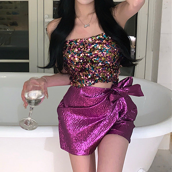 Sequin tube top purple lace-up skirt set