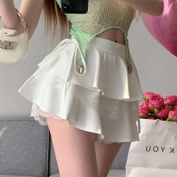 Lace Stitching High Waist A-Line Slim Tutu Skirt