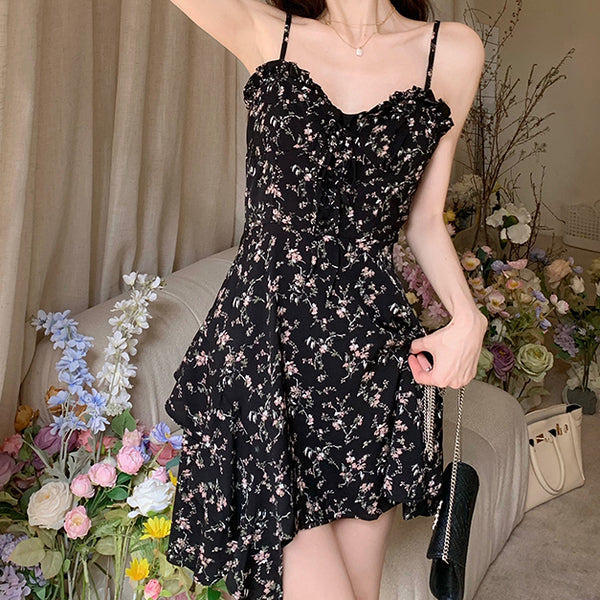 Irregular Slim Black Suspender Floral Dress