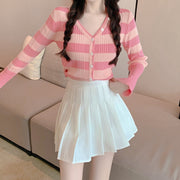 V-neck striped knitted cardigan pleated skirt suit